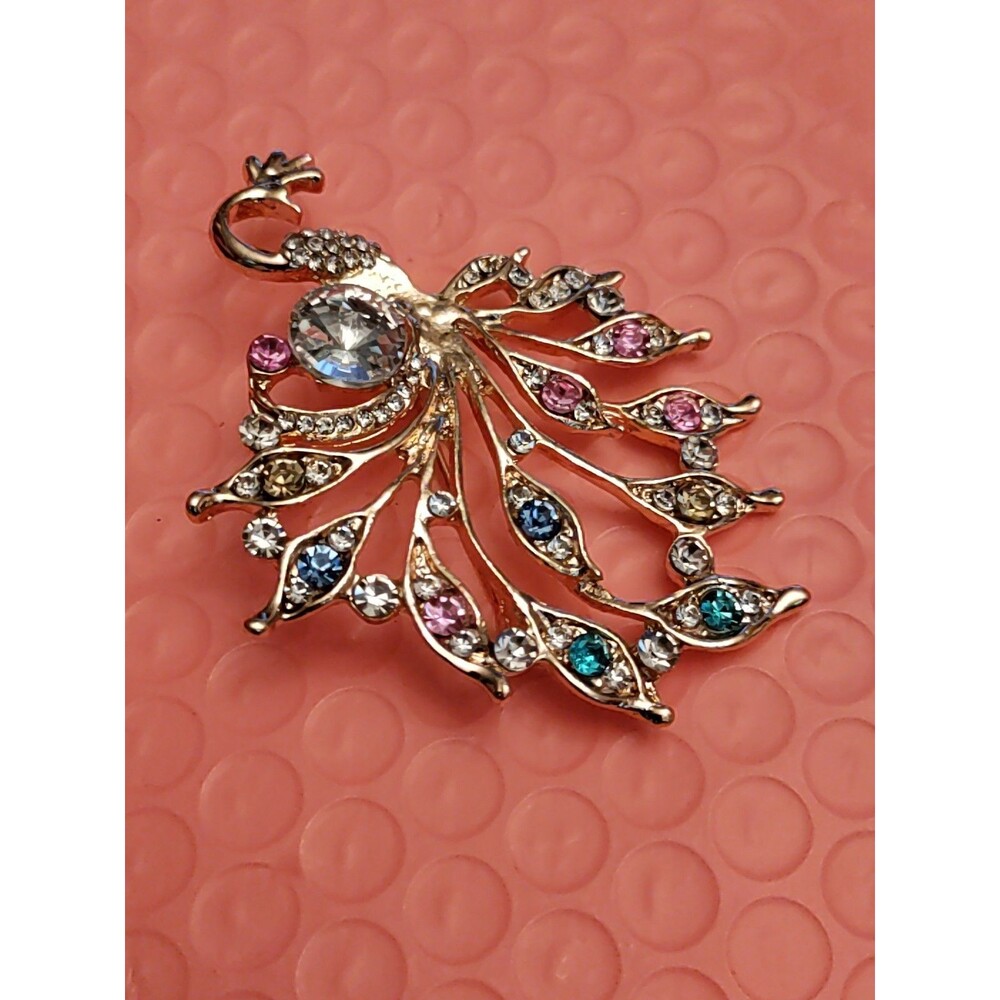 Dainty Multicolor Rhinestone Peacock BROOCH GOLD TONE  2.5 "